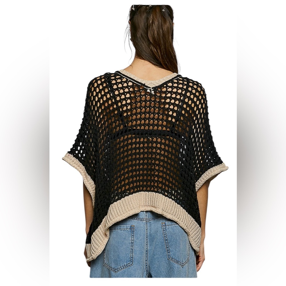 POL 🌼 Black Cotton Blend crochet Short Sleeve Floral Top - Picture 4 of 7